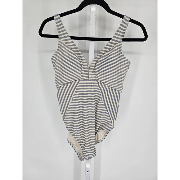 Time and Tro Womens Sz M One Piece swimsuit Blue Cream Striped V Neck - Picture 1 of 4